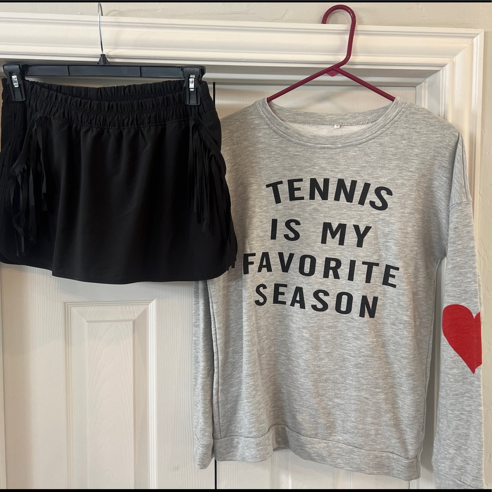 Lucky in Love black fringe pocket skirt - size medium and Tennis sweatshirt M